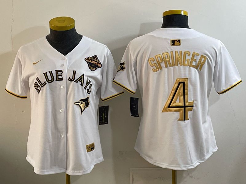 Women Nike 2026 Toronto Blue Jays #4 Springer white gold Game MLB Jersey 1211->women mlb jersey->Women Jersey